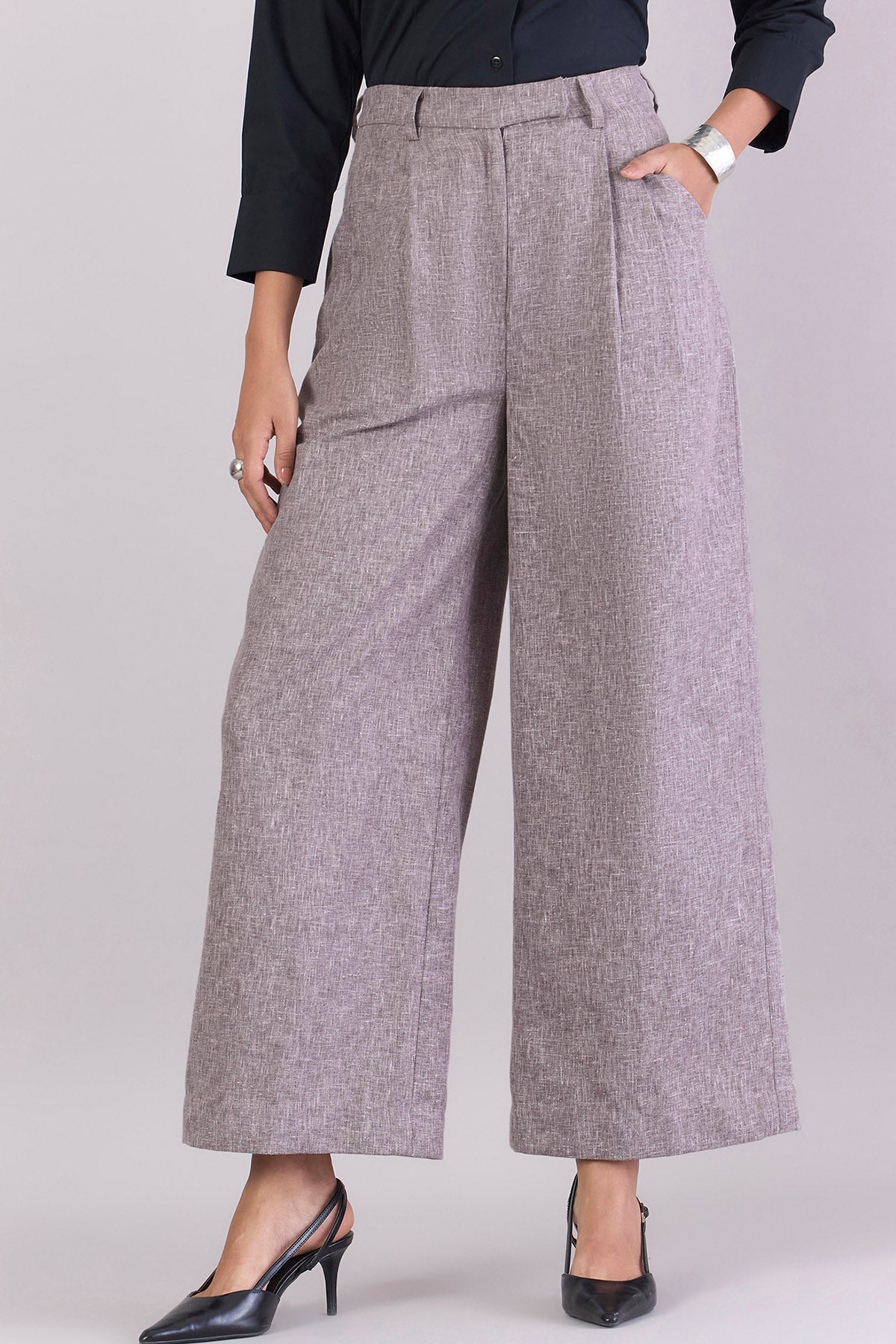 Buy High-Waist Pleated Grey Trousers by PowerSutra for women online at ScrollnShops